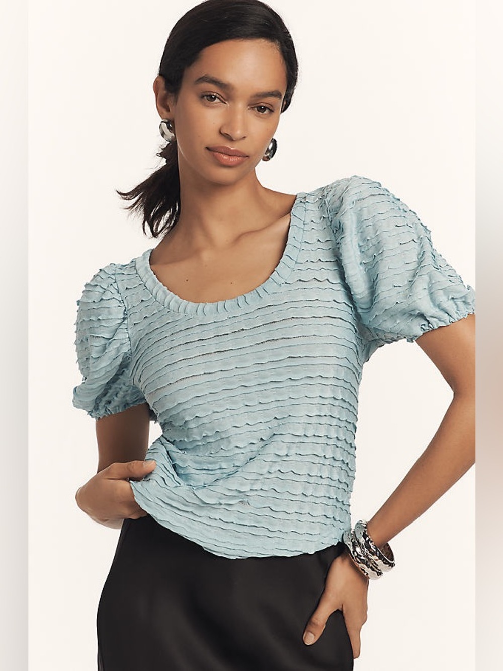 Anthropologie Romantic Textured Puff Sleeve Top in Light Blue